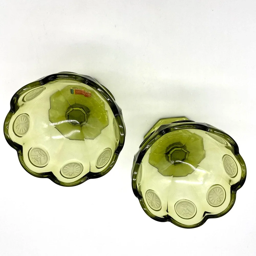 Fostoria Coin Glass Olive Green Compotes Pedestal‎ Candy Dishes Set of 2 - Picture 2 of 9